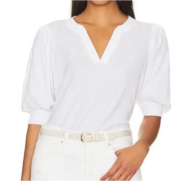 NATION LTD Lou Peasant Top 100% Pima Cotton Puff Sleeve V-Neck Tee White Size L - Picture 1 of 8